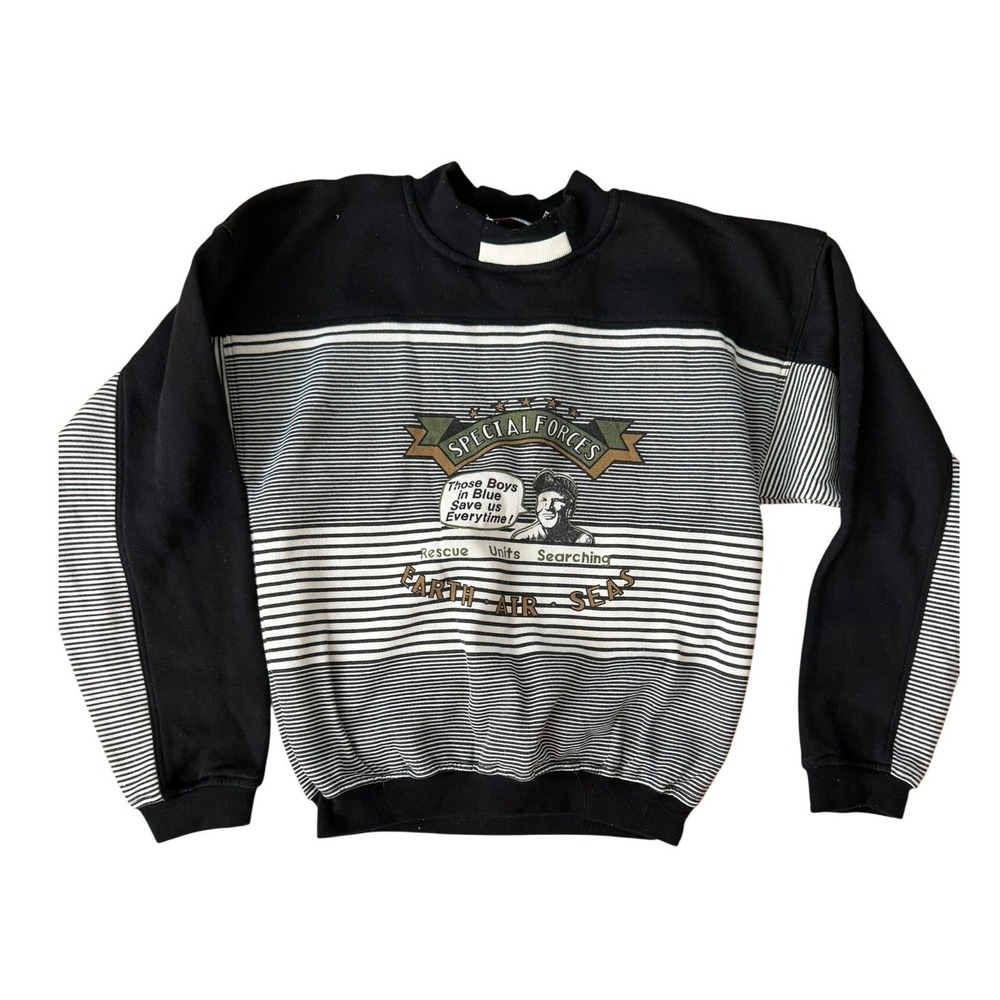 Safe Passage Vintage Kids Special Forces Striped Sweatshirt Black White Lg 16-18